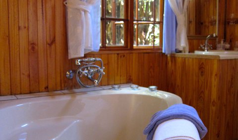The Cabin: The Cabin's large en-suite bathroom with bath and shower.