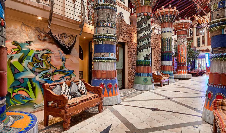 The palace, reflecting on parts of KwaZulu-Natal history, is the vision of Durban artist Peter Amm, who has used his entire collection of Zulu art and crafts, incorporated into more than 40 beaded columns of exquisite beauty.