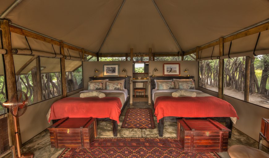 Meno a Kwena Tents (Twin): Freshly renovated tented accommodation with en-suite bathroom as well as outdoor shower and loo. Each tents boasts a private verandah with beautiful views over the Boteti River and Makgadikgadi Pan National Park. 