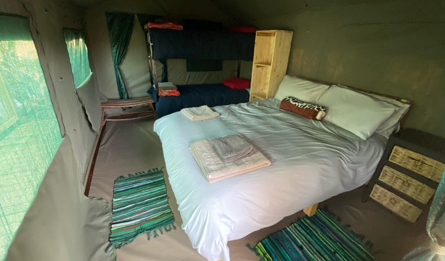 T5, Family tent on deck at river: Family tent on deck at river incl linen - Tent with a double bed and a bunk bed
