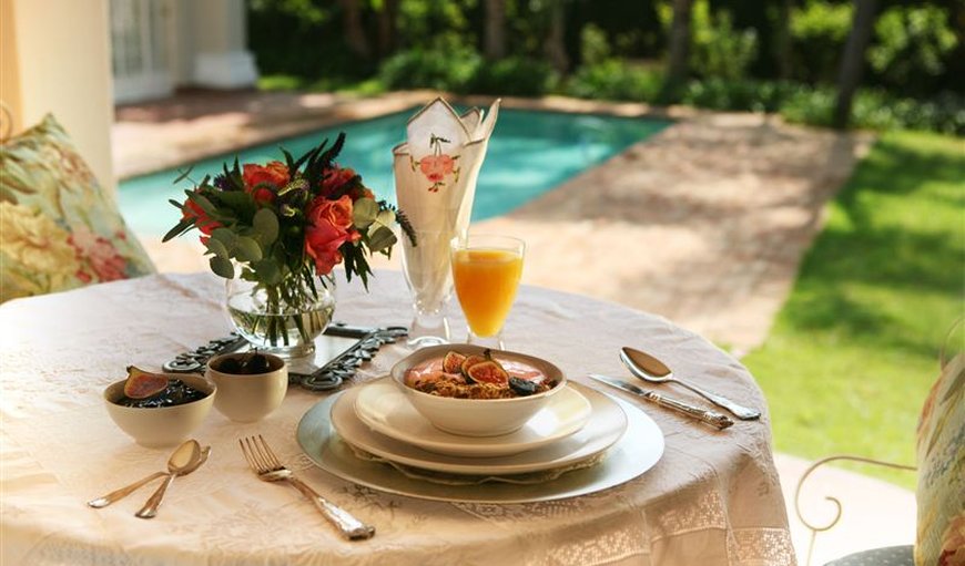 True South African hospitality, full English breakfasts as can only be prepared by our experienced and well qualified chef and the aroma of freshly brewed coffee, are the hallmarks of our terrace overlooking the pool and inner-court garden. True South African hospitality, full English breakfasts as can only be prepared by our experienced and well qualified chef and the aroma of freshly brewed coffee, are the hallmarks of our terrace overlooking the pool and inner-court garden.