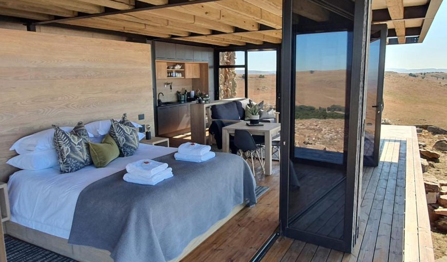 Eagle View: Contemporary open-plan cabin featuring a king-size bed